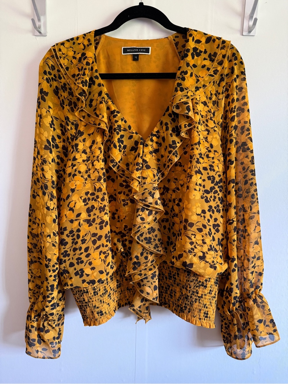 Melanie Lyne Mustard Floral Ruffle Blouse Size 14 Boho Smocked Peplum Top
